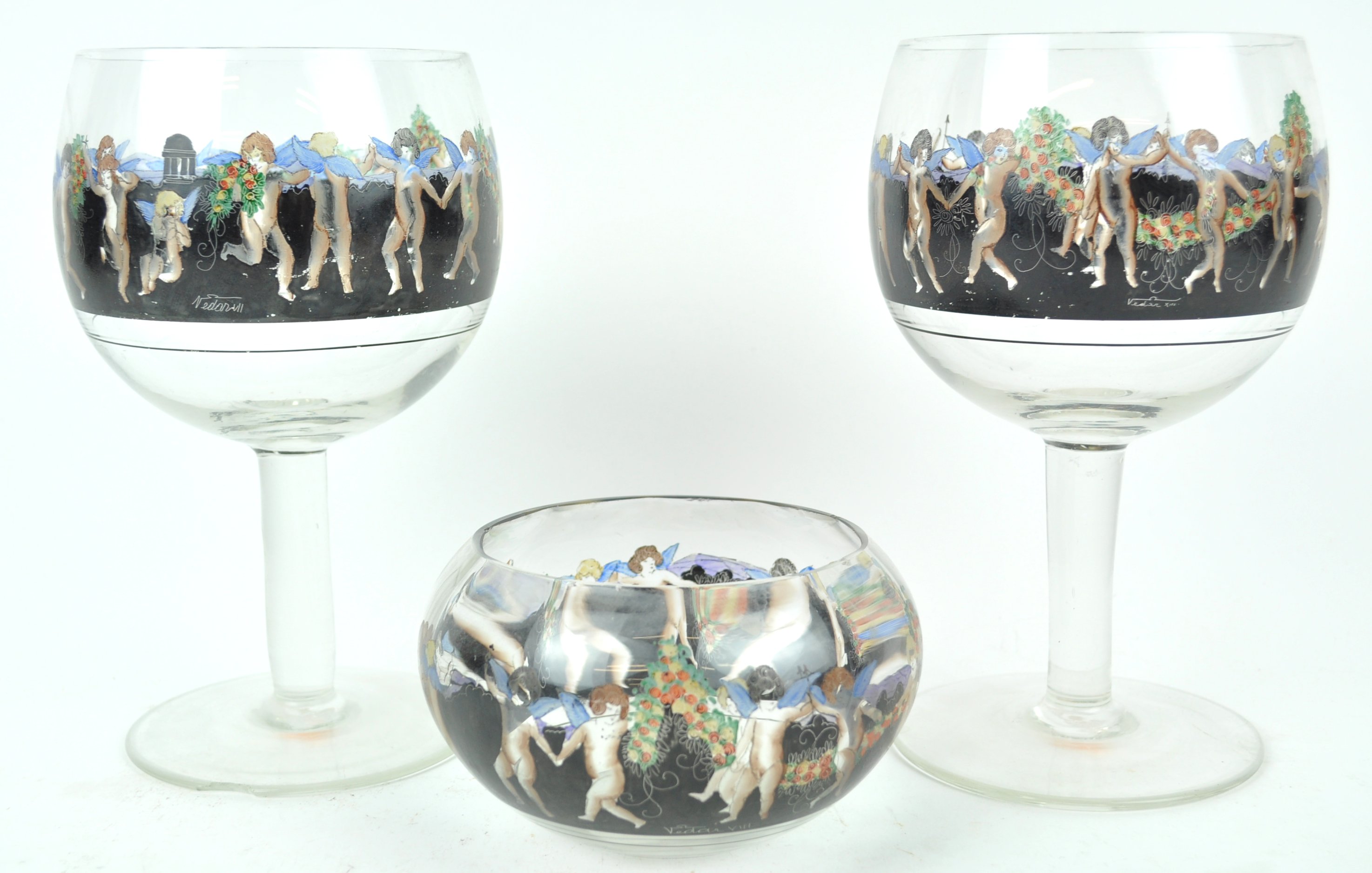 Vetri d'Arte Fontana (Vedar), two enamelled glass goblets and a finger bowl,