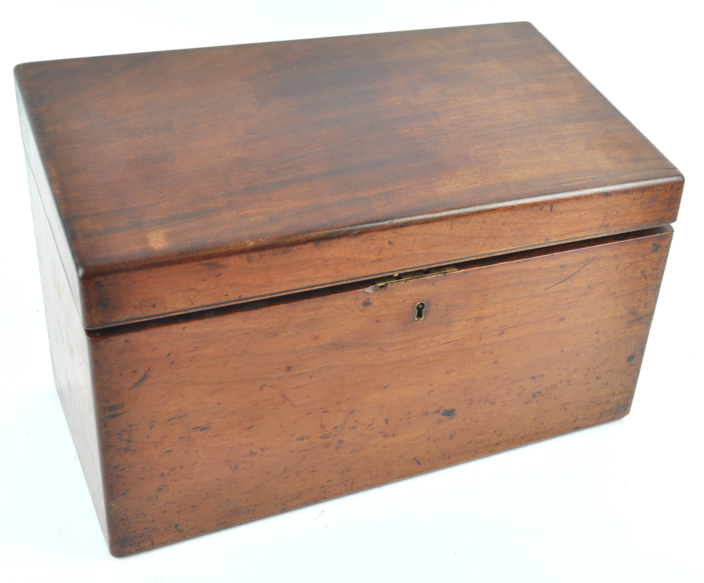 A mahogany stationery box, the sloped top opening to reveal various compartments,