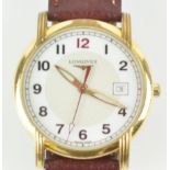 A gold plated Longines quartz wristwatch. Circular dial with numerical markings and date feature.