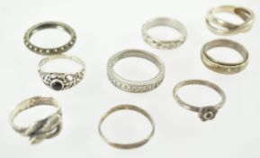 A collection of ten white metal rings, some marked 925 and Sterling,