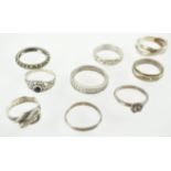 A collection of ten white metal rings, some marked 925 and Sterling,