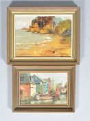 S R Michalski, Warehouses with barges, oil on panel, signed lower right, 19cm x 29cm,