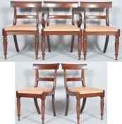 A set of five William IV mahogany bar back dining chairs bar back, curved top rail and seat pad,