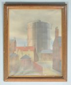 Avril Buchanan (nee Pott), Cottages with Gasometer, airbrush, signed and dated 1936 lower left,