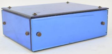 An early 20th century jewellery box, with blue mirrored glass hinged cover and sides,