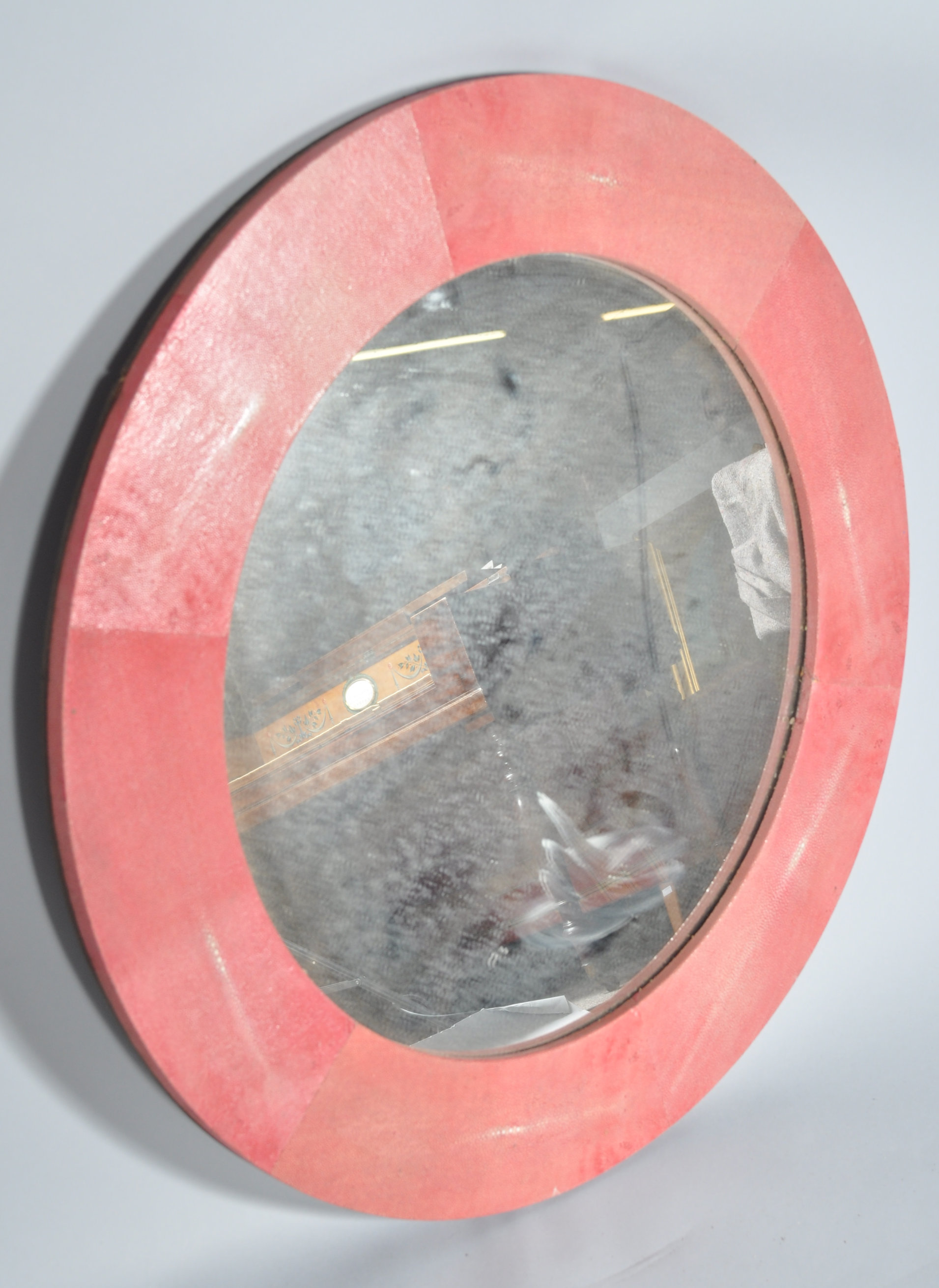 A round wall mirror with wide red shagreen frame, - Image 2 of 4