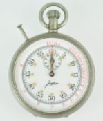 A Junghans metal stopwatch, the white Arabic dial with black and red lettering,