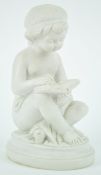 A19th century Parian figure of a child writing in a book, impressed factory mark and numbered 1075,