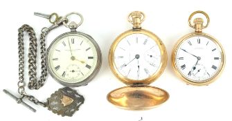 A gold plated Hunter pocket watch with engraved case,