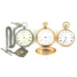 A gold plated Hunter pocket watch with engraved case,