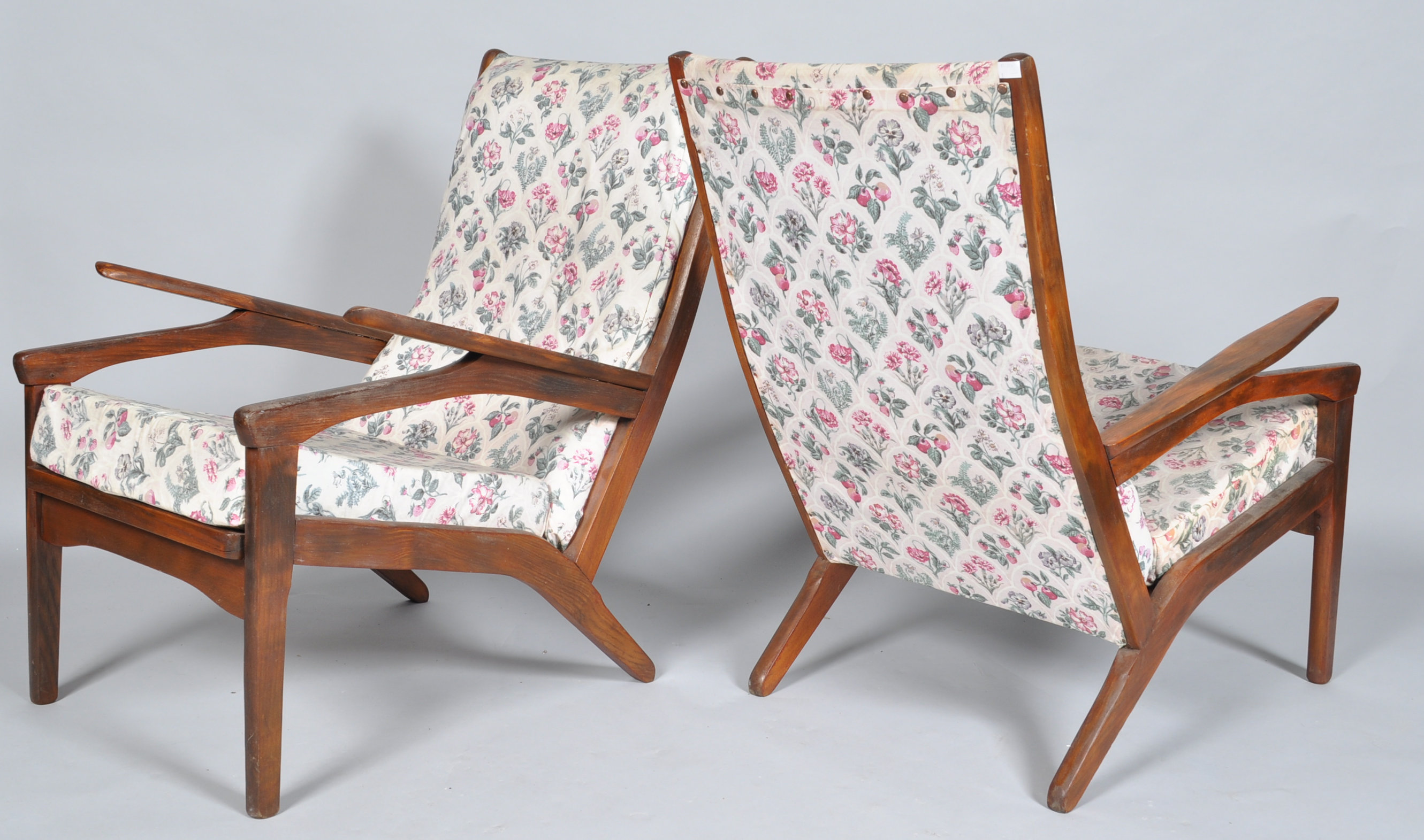 An unusual pair of 1960's Danish inspired retro vintage teak wood easy / lounge chairs / armchairs - Image 3 of 3