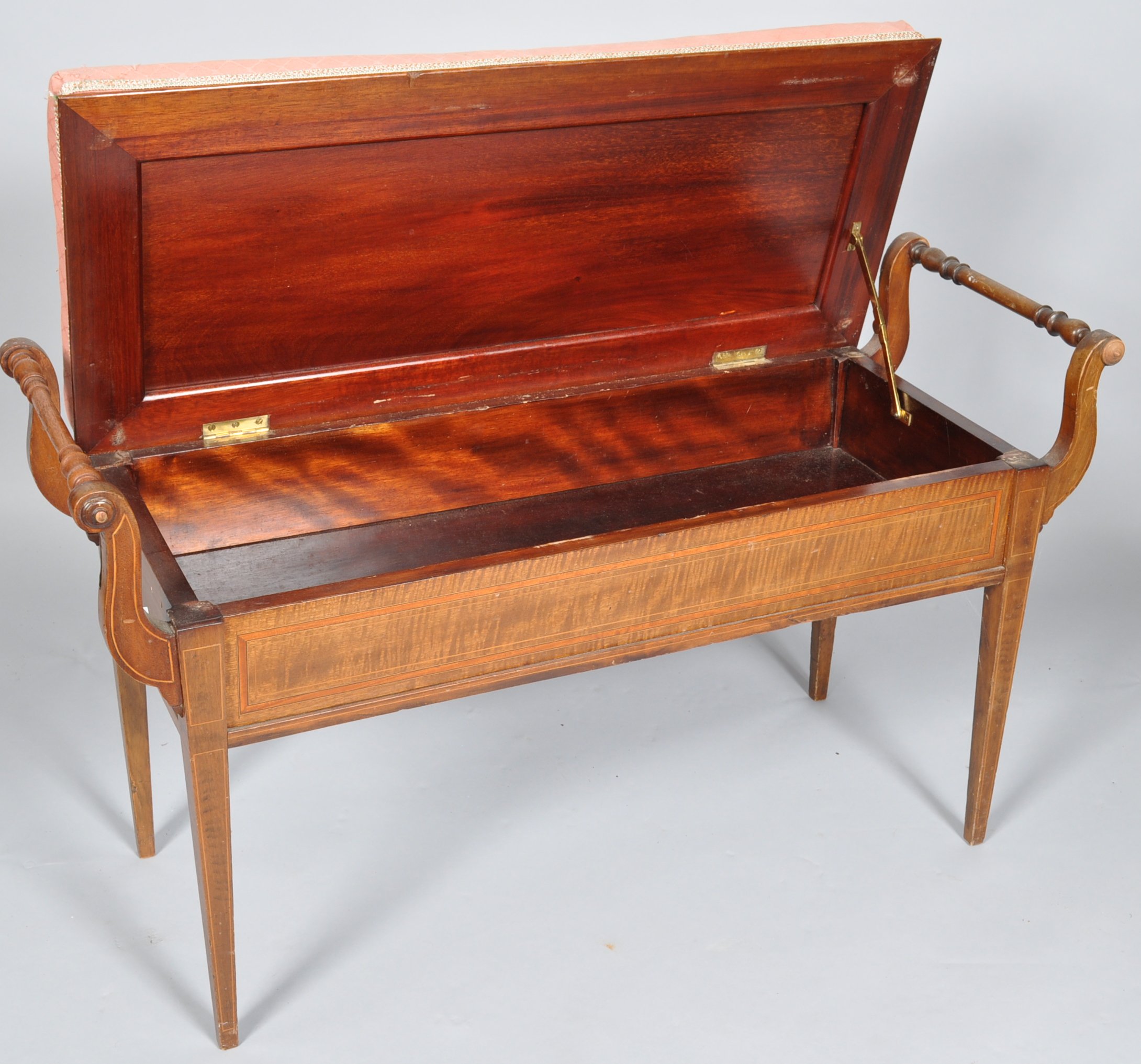 An early 20th century Edwardian inlaid duet stool having scrolled handles to either side, - Image 2 of 2