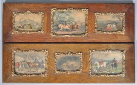 A pair of hunting print trios in oak frames with Rococo style gilt gesso mounts,