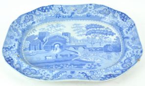 A 19th century Spode pottery meat plate, printed in blue with figures,