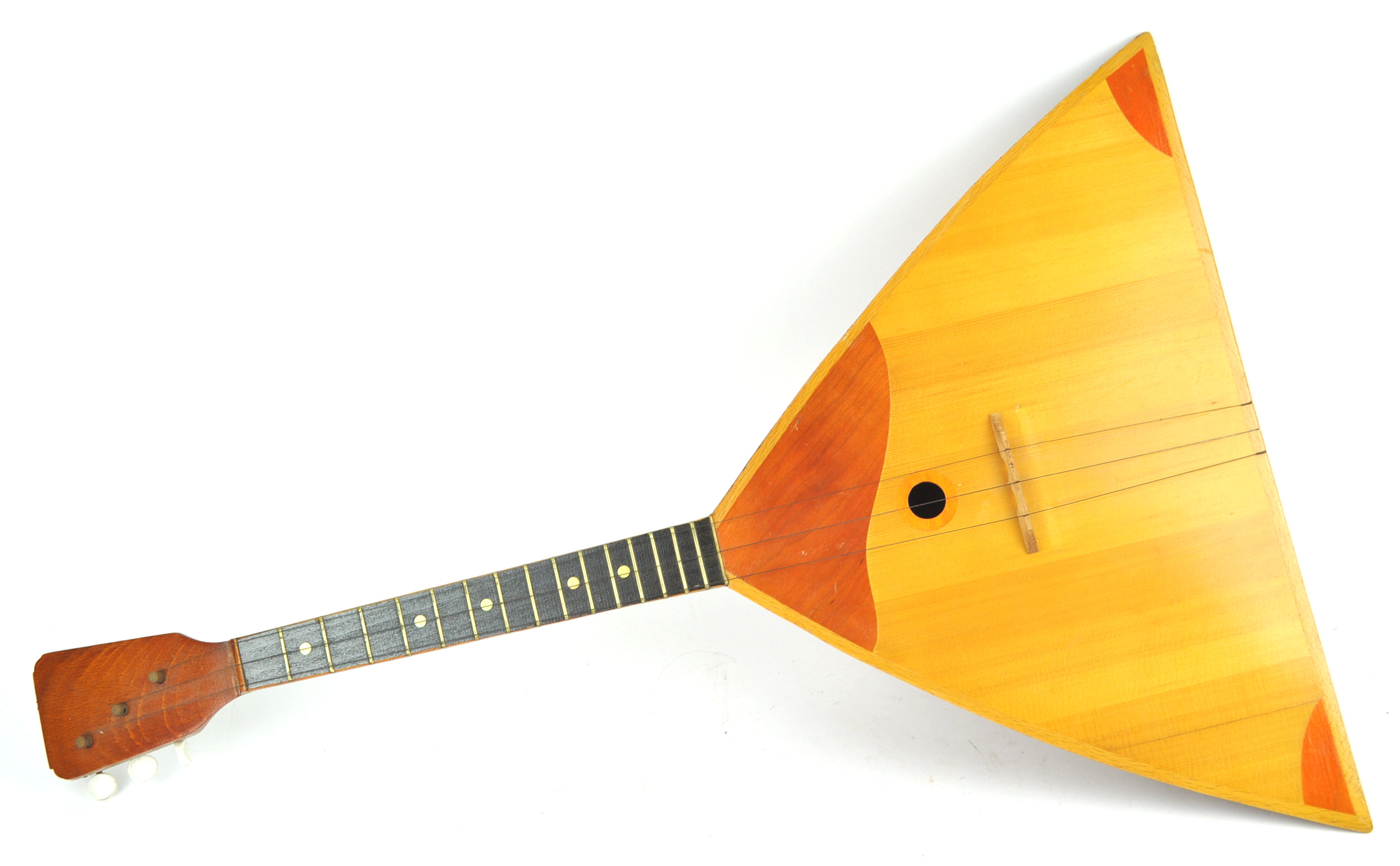 An inlaid wood Balalaika with typical domed back and three strings,