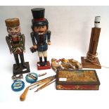 Two nut cracker figures and other items