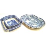 Two 19th century blue printed meat platters and two Copeland Spode Italian pattern serving dishes