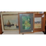 An oil of sailing boats and two watercolours