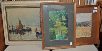 An oil of sailing boats and two watercolours