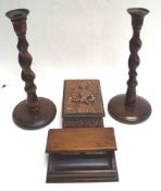 A copper topped wood box and other items