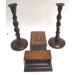 A copper topped wood box and other items