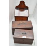 Two 18th century mahogany tea caddies and a candle box