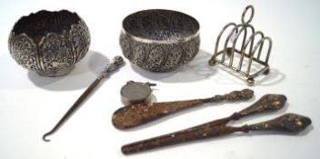 Two Burmese repousse white metal bowls and other items