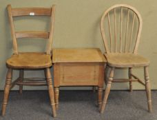 Two pine chairs and a commode