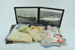 A quantity of Cunard and other Cruise menus and two photographs of the cruise ships