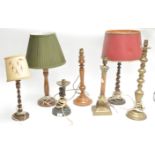A selection of brass and wood lamps