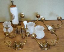 A set of brass wall lights with glass shades along with a Chokin table lamp,