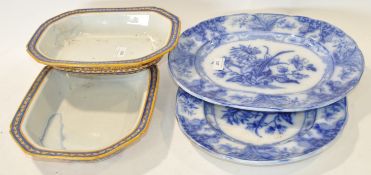 A pair of Wedgewood 'Iris' pattern plates and two 19th century pottery tureens lacking covers.