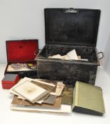 A metal deeds box full with ephemera photos, postcards and documents (from an Estate in Frome,