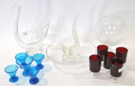A glass swan bowl and other glass