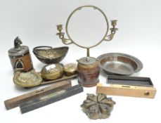 A brass spice box and other items