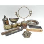 A brass spice box and other items