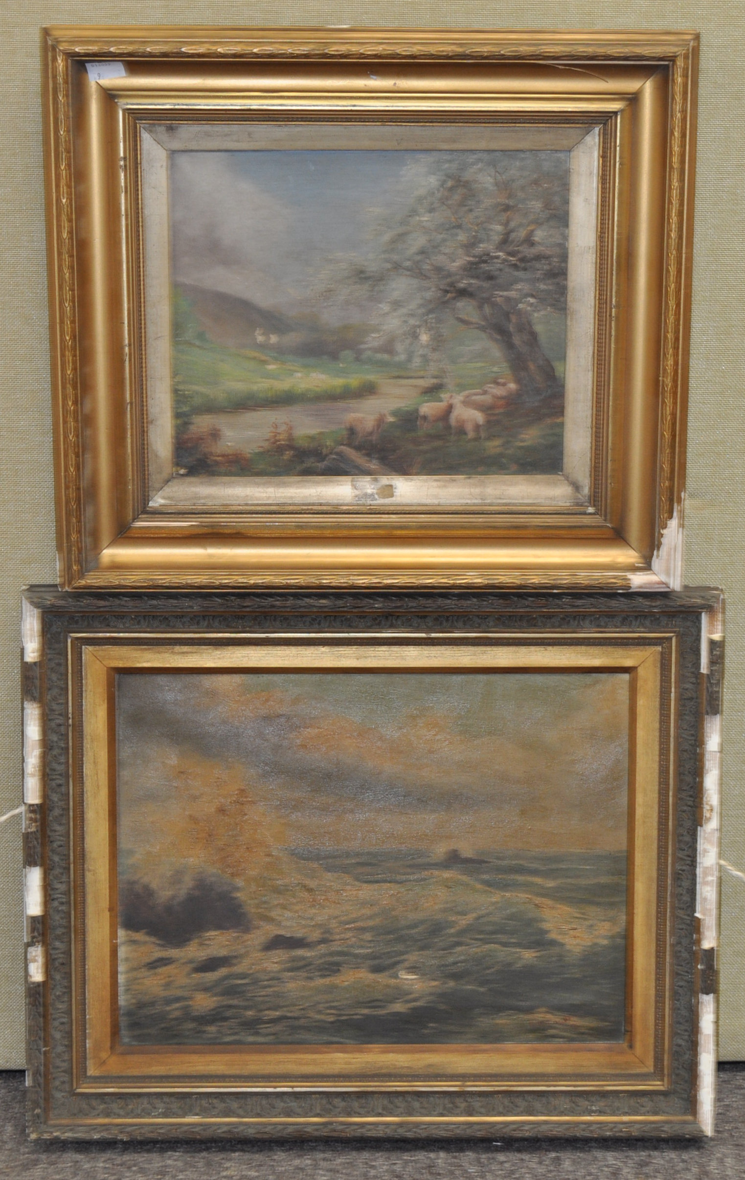 A coastal scene of crashing waves, oil on canvas, and a landscape with sheep, - Image 2 of 2