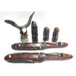 A wood tree of life carving (Zaire 1960's), two wood Masai heads (Kenya 1950's),