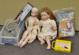 Three porcelain headed dolls and other items