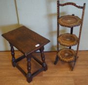 A folding bone inlaid cake stand and an oak joint style stool.