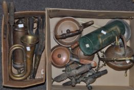 A collection of brass and copper wares to include a spirit kettle, fire extinguisher,