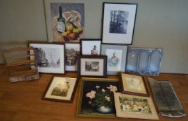 A group of leaded glass lights and framed works