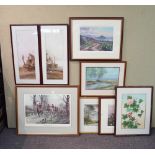 A collection of framed and glazed prints along with an oil on paper and two watercolours