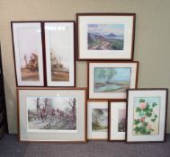 A collection of framed and glazed prints along with an oil on paper and two watercolours