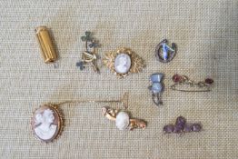 A gold cameo brooch and other items
