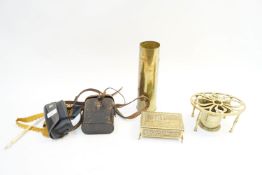 A bronze mortar and other metalware and binoculars