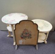 Two painted tables and a fire screen