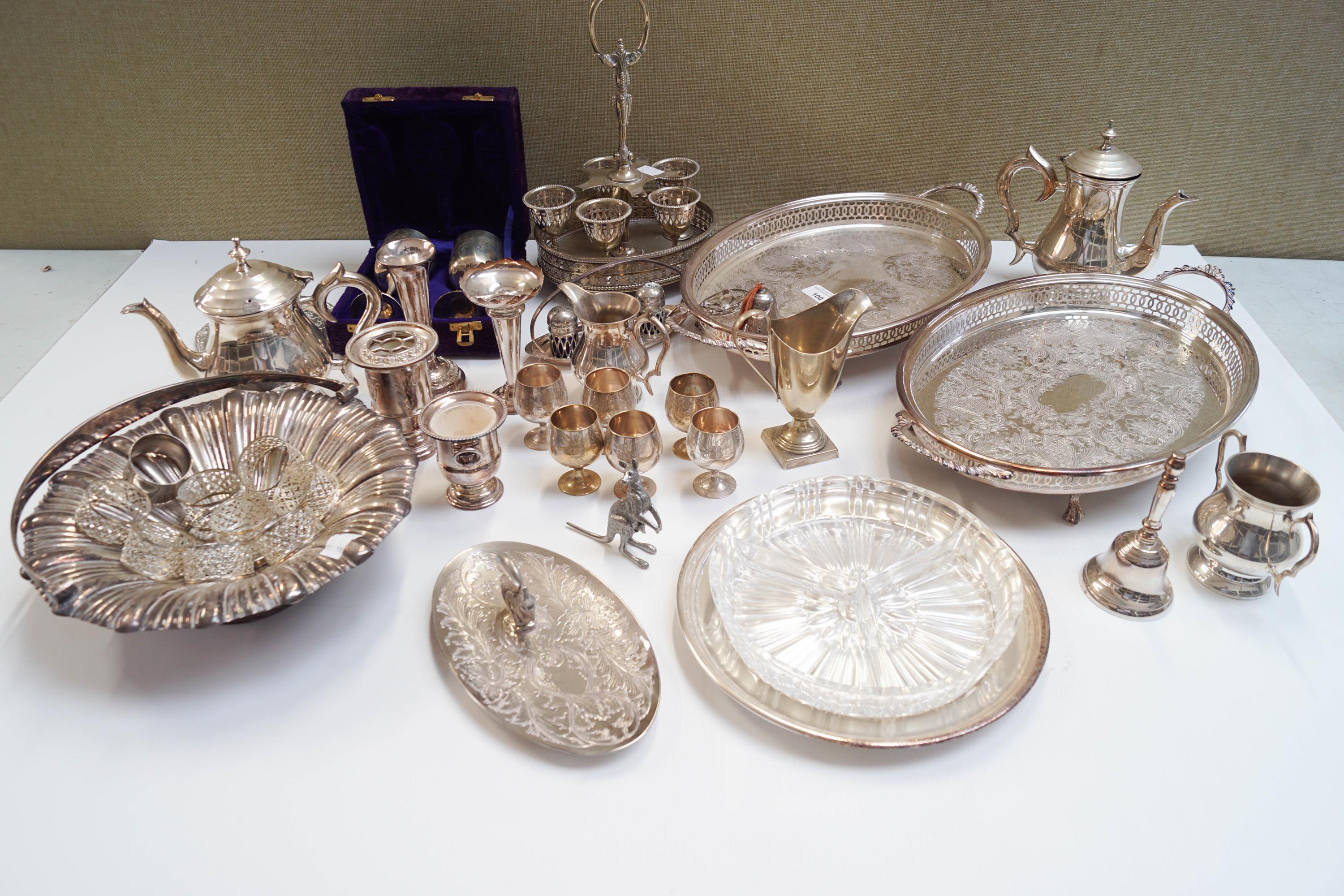A silver plated four piece tea set and other metalware