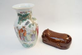 A Chinese porcelain vase and a pottery cat shaped hot water bottle