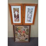 A woolwork fox hunting picture and two Trvor Waugh prints